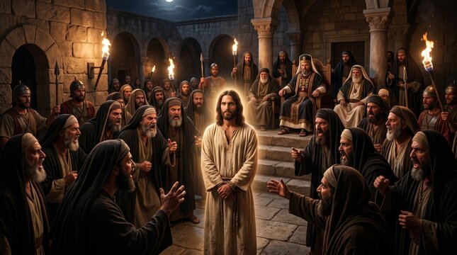 Jesus standing before high priest and crowd in Jerusalem. Man in tunic surrounded by angry men in court. Biblical scene of judgment, trial and faith. Religious tradition and history.