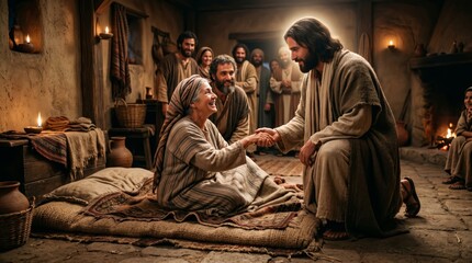 Obraz premium Jesus helping an elderly woman in a traditional home. Religious scene depicting compassion and healing. Biblical narrative reflecting christian faith and divine love for humanity.