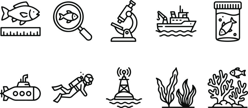 Marine biology icons with sea creatures and research tools