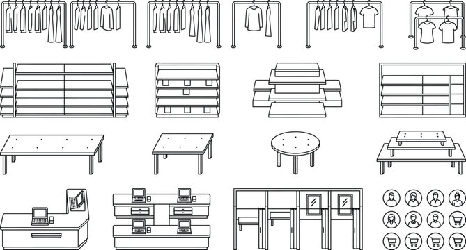 Retail store CAD vector fixture set, clothing racks, shelves, checkout counter, fitting rooms and display tables in elevation view for boutique interior design and floor plan layouts