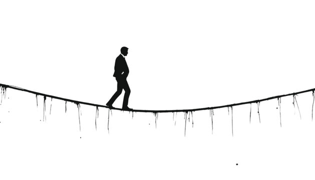 Businessman walks along a precarious rope bridge that hangs over an empty white void space.