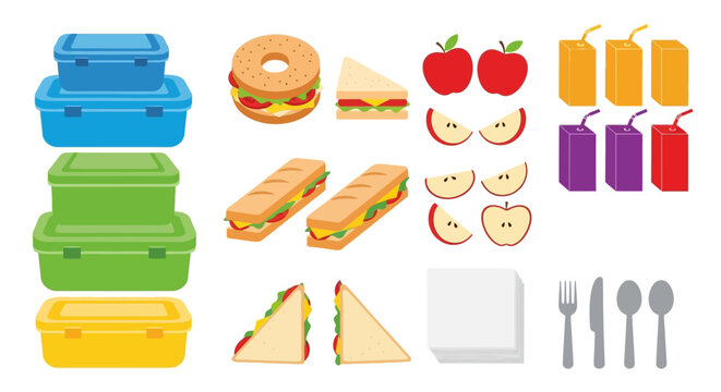 School Lunchbox, Sandwich, Fruit, Juice Boxes, Cutlery - Vector Icons