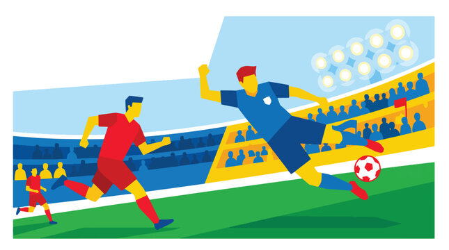 Soccer players compete in a dynamic match inside a crowded stadium during a professional athletic sporting event.