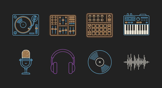 Vibrant collection of essential audio equipment and music production tools presented as stylish outline icons, perfect for creative projects, sound engineering concepts, and modern digital media