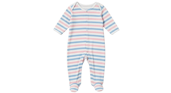 Baby footed sleeper romper with long sleeves, featuring horizontal stripes in pastel pink, blue, and white, isolated on