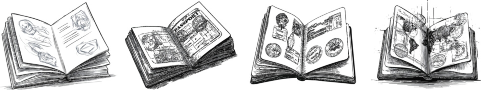 A meticulously detailed monochromatic engraving of an open passport page showcases intricate stamps, complex watermarks, fine point pen details, precise lines, and cross-hatching against a pure white