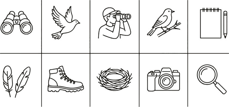 Birdwatching icons set with binoculars, bird, and camera