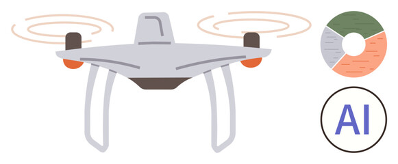 Obraz premium Surveillance, delivery, AI technology, data management, innovation, automation. A quadcopter with spinning propellers and analytics icons. Surveillance and delivery concepts portrayed using AI