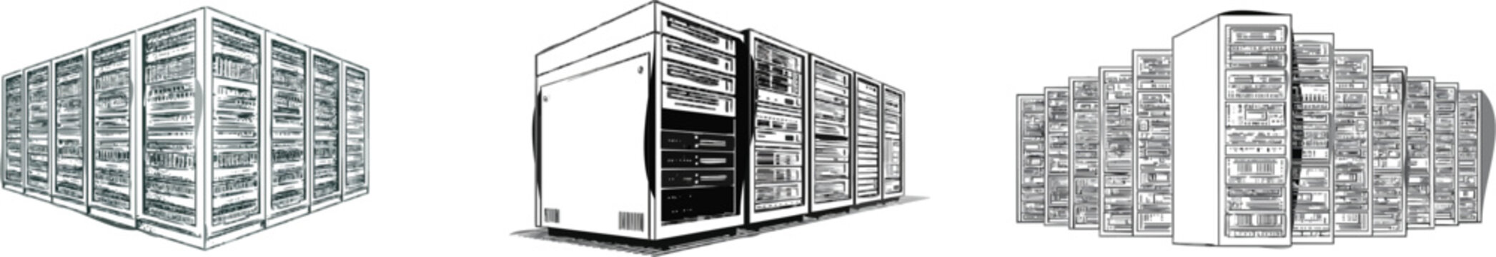 A meticulously detailed black-and-white illustration of a dense cluster of cloud server racks in a data center, featuring intricate cross-hatching and stippling for rich texture, set against a pure