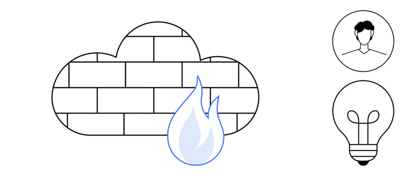 Firewall concept. Firewall protection as a cloud with bricks and a flame icon. Firewall enhances digital security for cloud computing, cybersecurity, and IT solutions. Ideal for technology, online