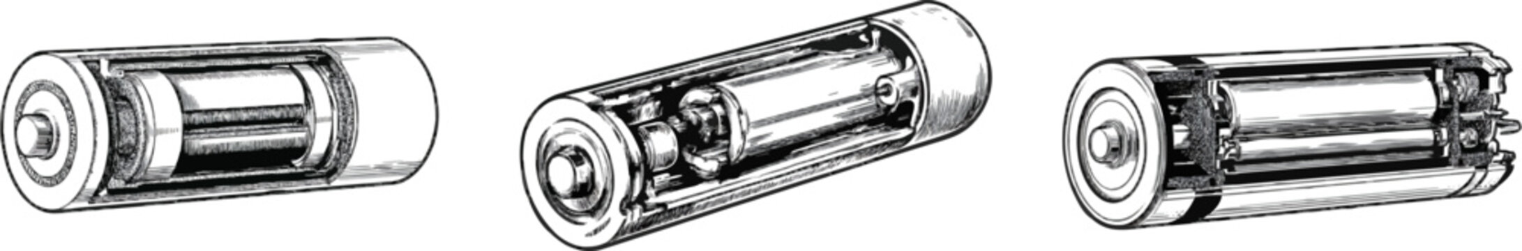 A meticulously detailed black-and-white engraving of a lithium-ion battery cell reveals intricate internal layers with precise lines and stippling for texture against a pure white background