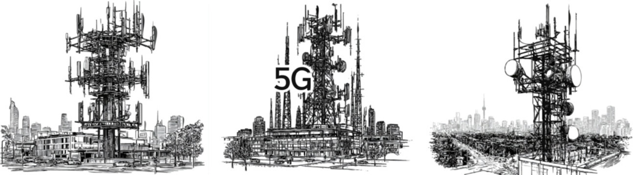 A meticulously detailed black-and-white illustration of a modern city rooftop antenna array, featuring intricate cross-hatching and stippling for rich texture, set against a busy intersection