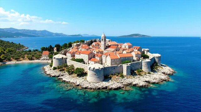 Aerial view of a picturesque islet village with red-tiled roofs surrounded by turquoise sea and fortifications on a sunny day