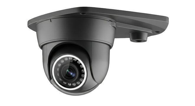 Dark gray dome security camera with infrared led ring lens, mounted on a flat base, isolated on transparent background