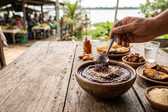 Traditional Amazonian A&ccedil;a&iacute; Bowl with Fried Fish and Farinha on Wooden Table with Copy Space