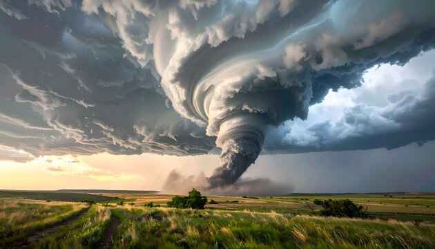 Massive Tornado Twister Storm Cloud Formation Over Rural Landscape.