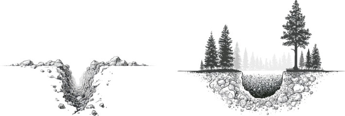 Fototapeta premium A meticulously detailed line art illustration of an excavation trench showcases intricate cross-hatching and dot work on a pure white background, highlighting the complexity and precision of