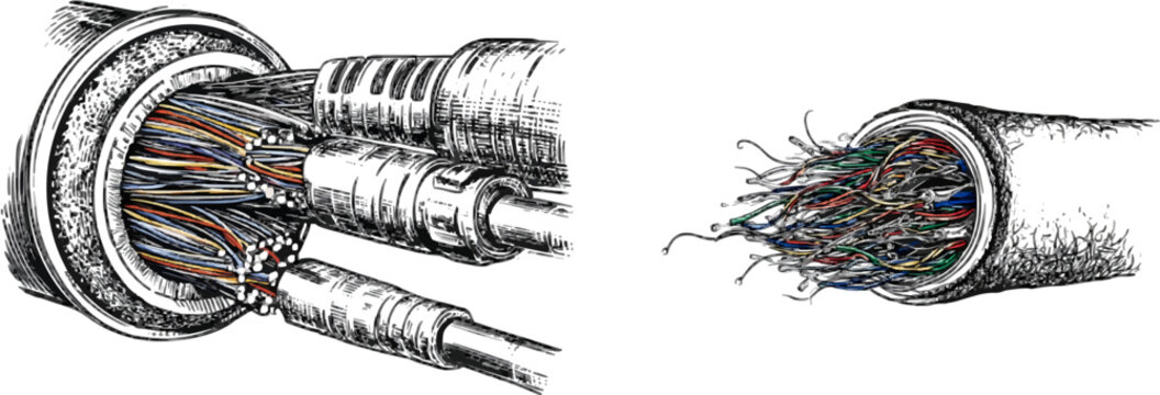 A detailed line art illustration of an underground fiber-optic cable conduit showcases intricate cross-hatching and stippling for texture, highlighting the complex structure with precise fine lines