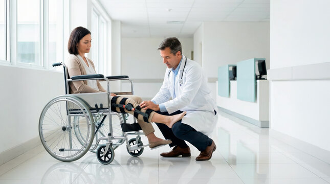 A doctor examines the leg brace of a female patient sitting in a wheelchair. The setting is a hospital corridor with bright lighting and a clean interior. The doctor is focused on the patient's leg