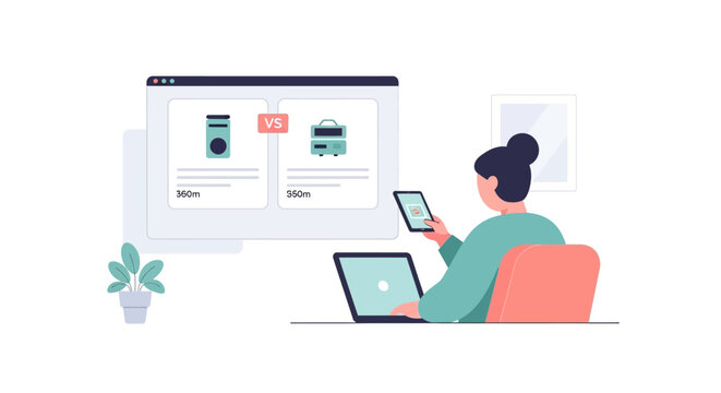 Online comparison shopping: woman choosing products on website via laptop and phone