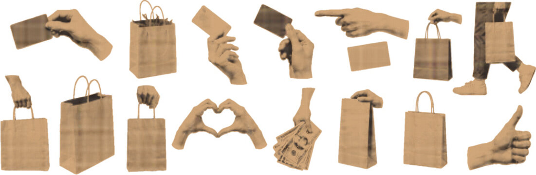 halftone pop art shopping bag and hand gestures set with retail purchase and lifestyle objects