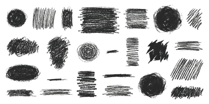 Set of black pencil scribble textures and hand drawn graphite marks for artistic design and creative elements