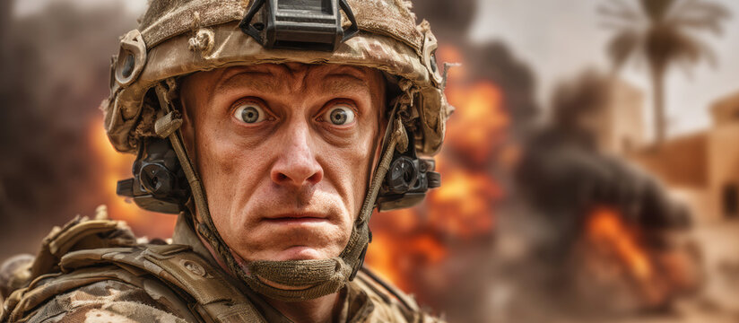 Shocked traumatized soldier on war scene