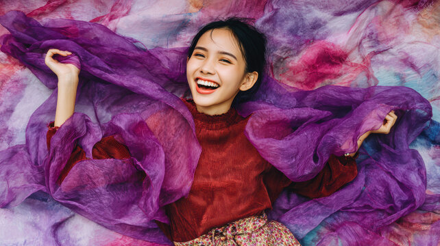 Happy young Asian woman lying on silk sheets