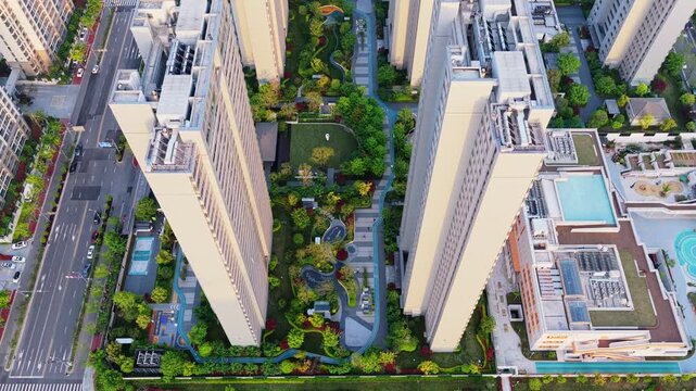 Aerial view of modern high-rise residential complex and urban housing development.