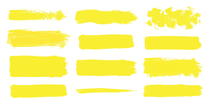 Set of yellow paint brush strokes and ink textures for creative design projects and artistic graphic elements
