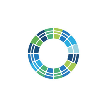 Abstract circular logo with blue and green mosaic segments