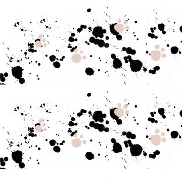 Abstract black ink splatters with cute beige animal paw prints , horizontal banner