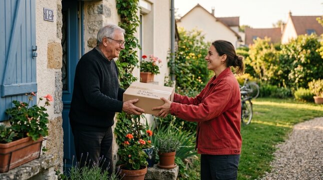 Friendly delivery person hands a cardboard package to an elderly man standing at the entrance of his charming house during the day