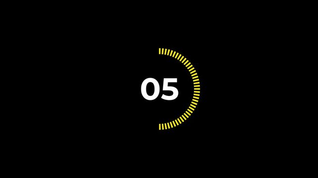 Simple motion of 10 seconds countdown timer with dashed circle on black background.4k video