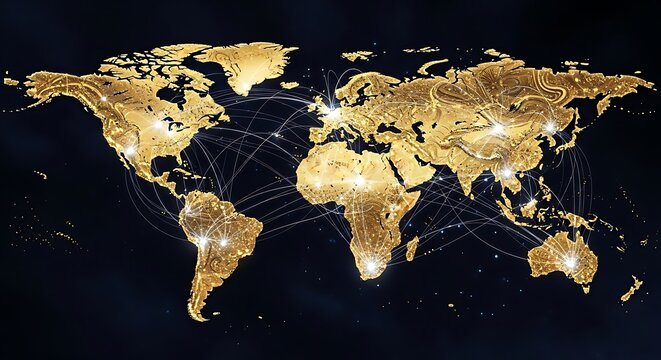 Golden world map with glowing connections depicting global networks
