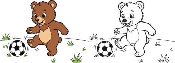 bear cub playing soccer with ball hand drawn vector illustration of lineart and clipart for children coloring book © Avijit