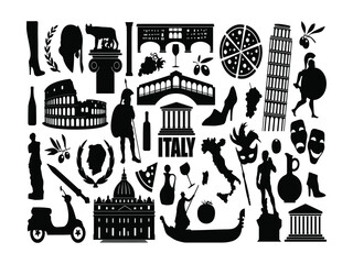 Black silhouettes of Italian landmarks and culture symbols on white background © Navid