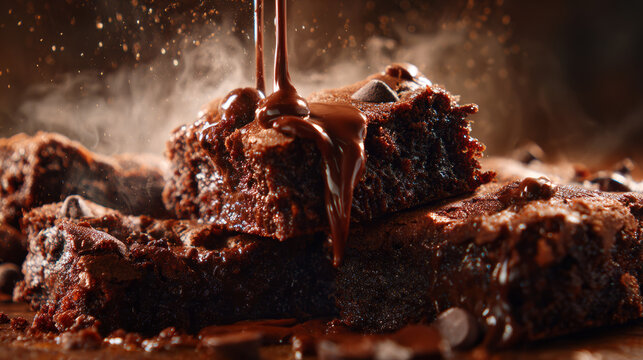 Close-up of glossy molten chocolate slowly pouring over warm brownies, rich texture, cinematic macro photography, steam rising, dramatic shadows, luxury dessert ad. 