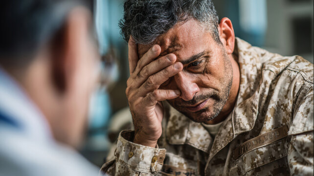 Middle aged veteran having psychological session to treat his post-traumatic stress disorder