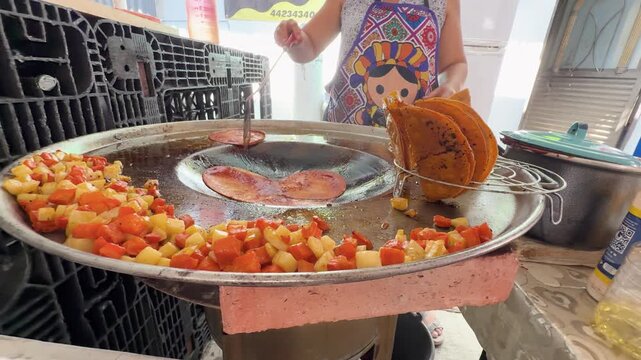 Queretaro Street Food Vendor Cooking Enchiladas Griddle Close Up
