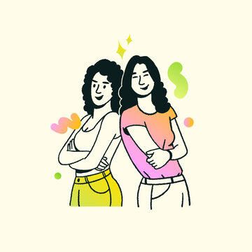 Young girls celebrating friendship day, Office colleagues, Happy girls posing vector illustration