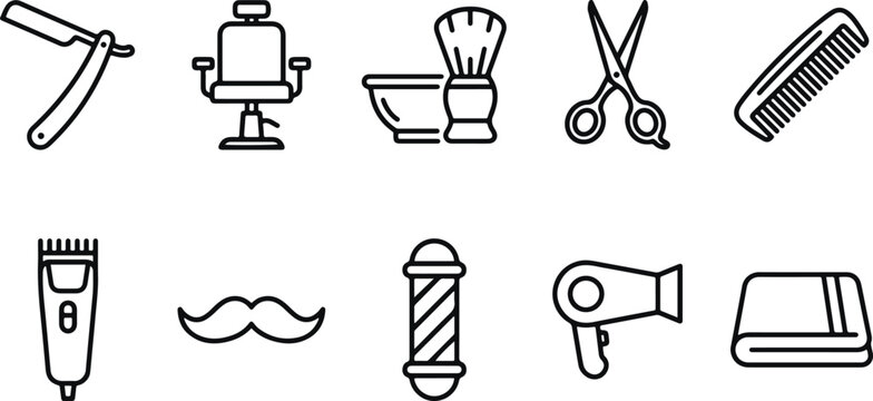 Barber shop icons set including tools and furniture