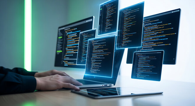 Hands typing on a laptop, surrounded by glowing code on multiple virtual screens, embodying software development and digital innovation