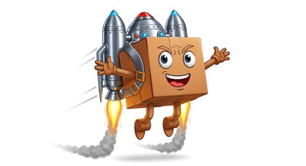 Fototapeta premium Cartoon delivery box character with a jetpack flying isolated on white