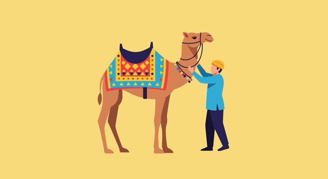 Young man guiding a camel with colorful saddle in desert setting