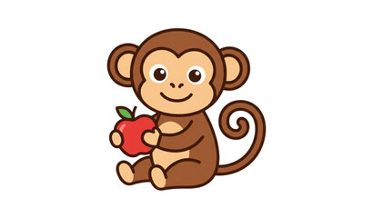 Minimal cute monkey and apple cartoon vector illustration simple kids character for sticker and children book cover © Mdsahag