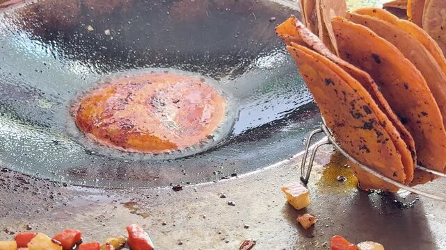 Queretaro Street Food Cooking Enchiladas Griddle Close Up Tacos Dorados