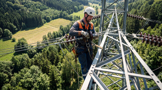 Repair of the power line. Electrician repairs power lines at high altitude