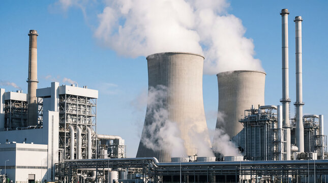 Industrial building of a thermal power plant, pipes and cooling towers with steam in the industrial zone