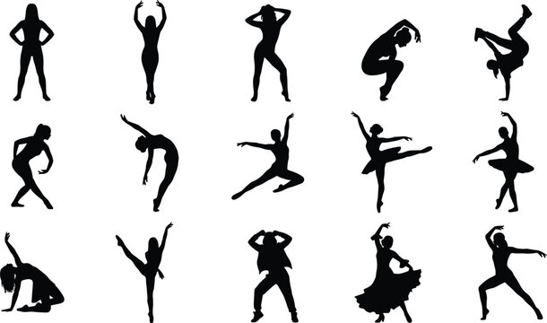 Collection of dancer silhouettes in diverse ballet, contemporary, and acrobatic poses for fitness, lifestyle, and artistic design concepts